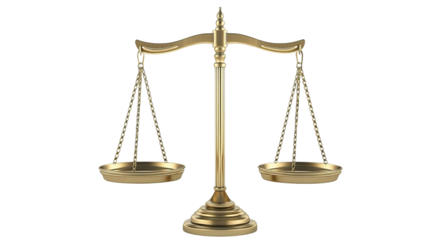 Golden justice scale on transparent background