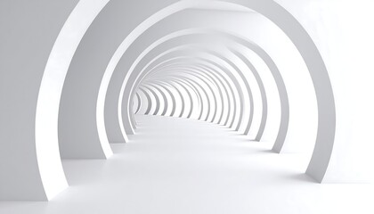 A long, white tunnel with repeating arches