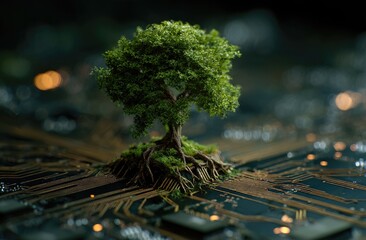 A small, vibrant tree with green leaves and roots sits atop a complex circuit board.  The tree's presence contrasts with the technological elements.