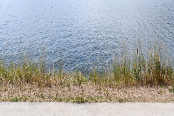 Blue reservoir water with walking path. Grass in between walking path and reservoir.