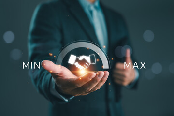 Businessman showing virtual handshake icon with minimum to maximum scale. Concept of negotiation, deal making, business agreement, partnership, trust and win-win collaboration.
