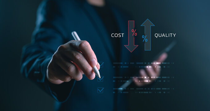 Businessman using stylus to select checklist with cost reduction and quality improvement icons. Concept of business strategy, cost efficiency and quality control.
