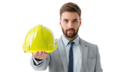 A confident man in a suit holding a yellow safety helmet against a white isolated background.