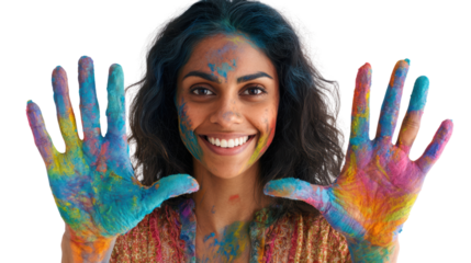 A joyful woman with colorful hands smiling at the camera, celebrating creativity and expression, white isolate background.