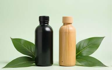 Eco friendly product packaging comparison with black plastic bottle and bamboo bottle, green leaves, sustainable concept, minimal background, environmental awareness. High quality