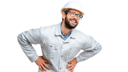 A smiling construction worker wearing a hard hat, posing in a playful manner, isolated on a white background.
