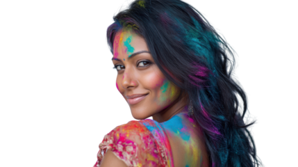 A woman with colorful paint on her face and body smiling at the camera, vibrant, joyful expression, isolated background.