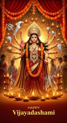Obraz premium Goddess durga in her divine form illuminated by diyas during vijayadashami celebrations