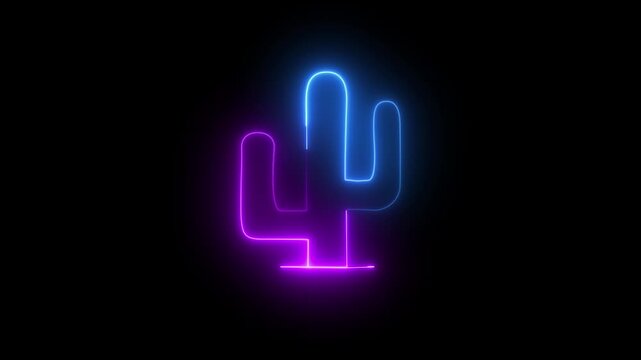 Neon cactus icon animation, color flicker. Glowing neon cactus plant, looped color blink animation. Saguaro cactus icon, western adventure, mexican desert, wild nature.