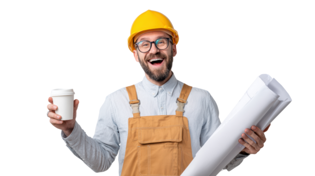 Cheerful construction worker holding coffee and blueprints, ready for a productive day.