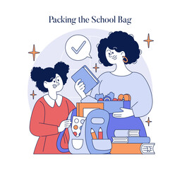Packing a School Bag with Books - Vector Illustration