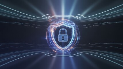 Glowing digital shield with padlock technology security
