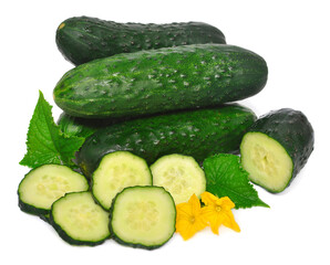 Cucumbers with leaves and flowers isolated on white background. Healthy vegetable
