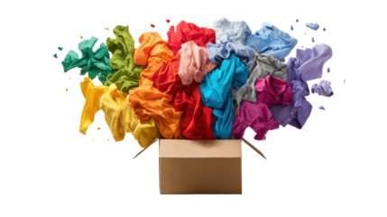 Colorful clothes bursting out of a box, representing creativity and vibrancy in everyday life.