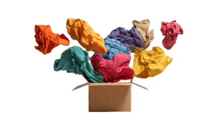Colorful crumpled clothes burst out of a cardboard box, creating a vibrant display against a white background.