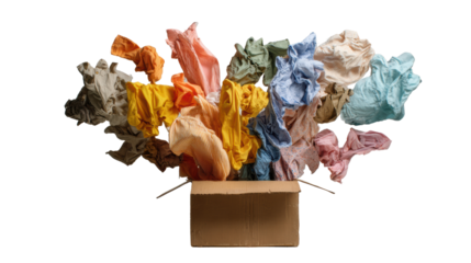 Colorful crumpled fabric emerging from a cardboard box on a white background.