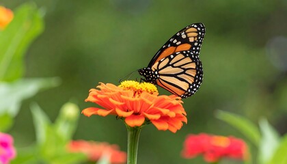 A monarch butterfly rests gracefully on an orange zinnia flower, showcasing vibrant colors and a delicate moment in nature.