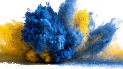 Colorful explosion of blue and yellow powder against a white background.