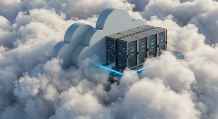 Servers in a cloud environment with blue light connecting them showing cloud computing concept art