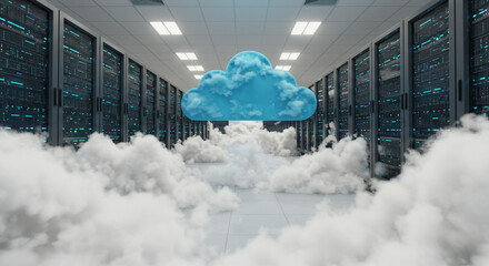 A server room filled with clouds and a blue cloud icon hovering above the cloudscape in the center