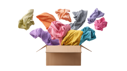 Colorful fabric pieces exploding from a cardboard box, creating a vibrant visual on a white background.