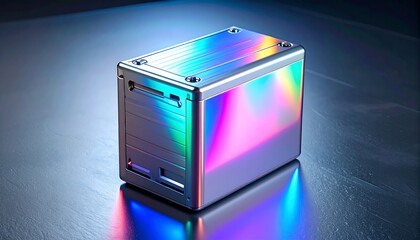 A metallic storage container, showcasing vibrant iridescent reflections, sits on a dark surface.