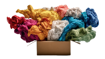Colorful fabric scraps overflowing from a cardboard box, perfect for creative projects and crafting inspiration.