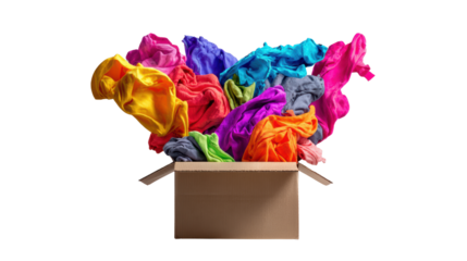 Colorful fabrics bursting from a cardboard box, showcasing vibrant hues for creative projects.