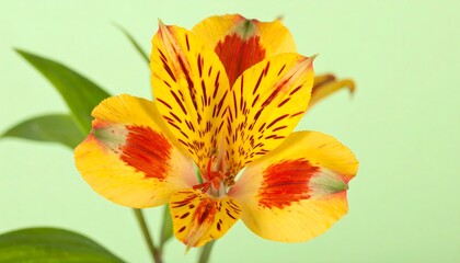 Vibrant yellow and red flower with intricate patterns stands out against a soft mint green background.