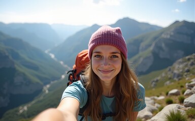 Young woman taking selfie portrait hiking mountains - Happy hiker on the top of the cliff smiling at camera - Travel and hobby concept. High quality