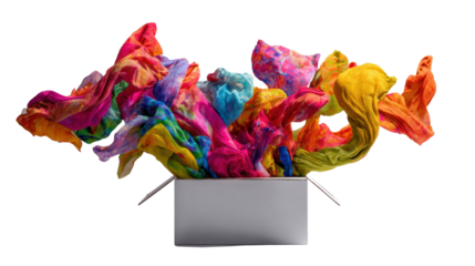Colorful scarves erupting from an open box, creating a vibrant and dynamic display.