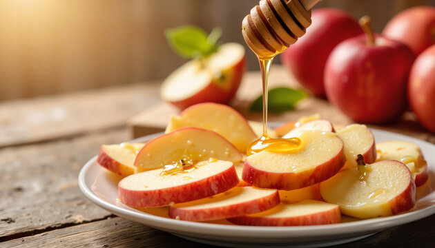 Sliced red apples drizzled with honey on wooden table