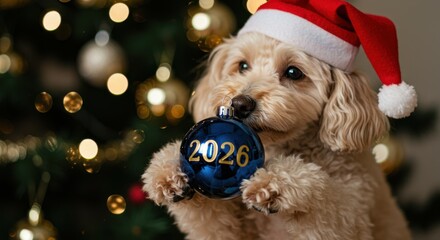 Christmas poodle dog in Santa hat holding 2026 ornament in front of decorated Christmas tree, New Year holiday celebration concept.