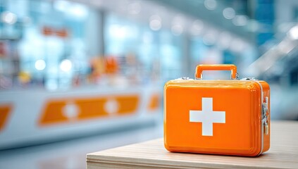 Orange first-aid kit on a light wooden table, in front of a blurred medical store interior