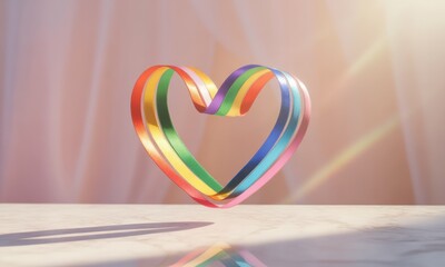 Rainbow ribbon heart floats on marble surface, soft pink background, warm sunlight