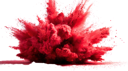 Colorful red powder explosion on a black background, creating dynamic shapes and textures in motion.