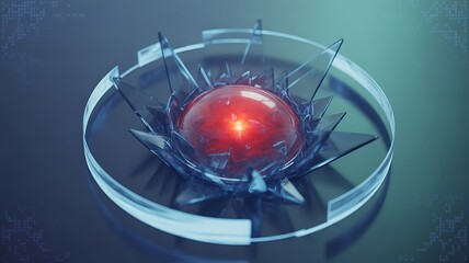 Glowing red orb surrounded by sharp glass shards and a circular frame