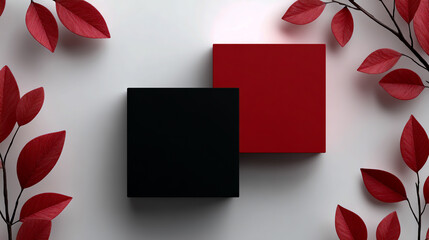 D rendering of two black and red squares with leaves on a white background. Top view. Abstract geometric composition. Minimal concept.