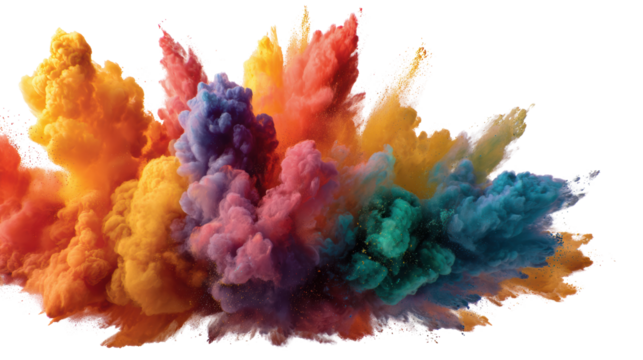 Colorful smoke explosion on a white isolated background, showcasing vibrant hues and artistic flair.