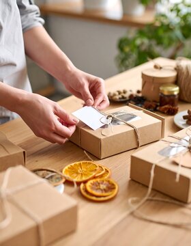 Hands placing a tag on a gift box