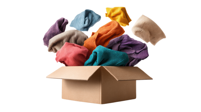 Colorful textiles spilling from a cardboard box, creating a vibrant and cheerful display.