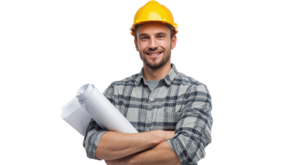 Confident builder holding blueprints, wearing a yellow hard hat, smiling, against a white isolate background.