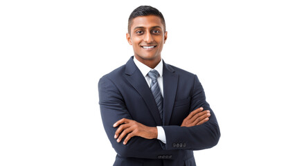 Confident business professional smiling with arms crossed, white isolate background.