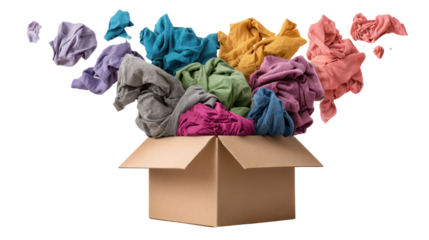 Colorful wrinkled clothes bursting out of a cardboard box on a white background.