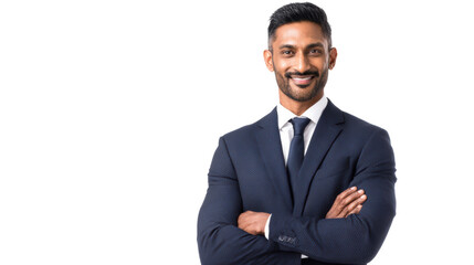 Confident businessman smiling with arms crossed, professional attire, isolated on white background.