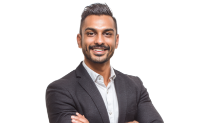 Confident businessman smiling with arms crossed, white isolate background.