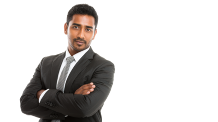 Confident businessman standing with arms crossed, isolated on a white background.