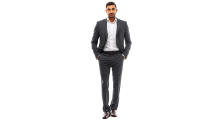 Confident businessman walking in a professional suit against a white background.