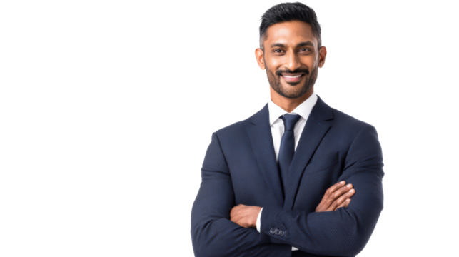 Confident businessman smiling with arms crossed, professional attire, isolated on white background.