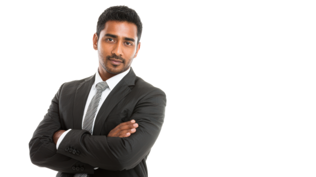Confident businessman standing with arms crossed, isolated on a white background.